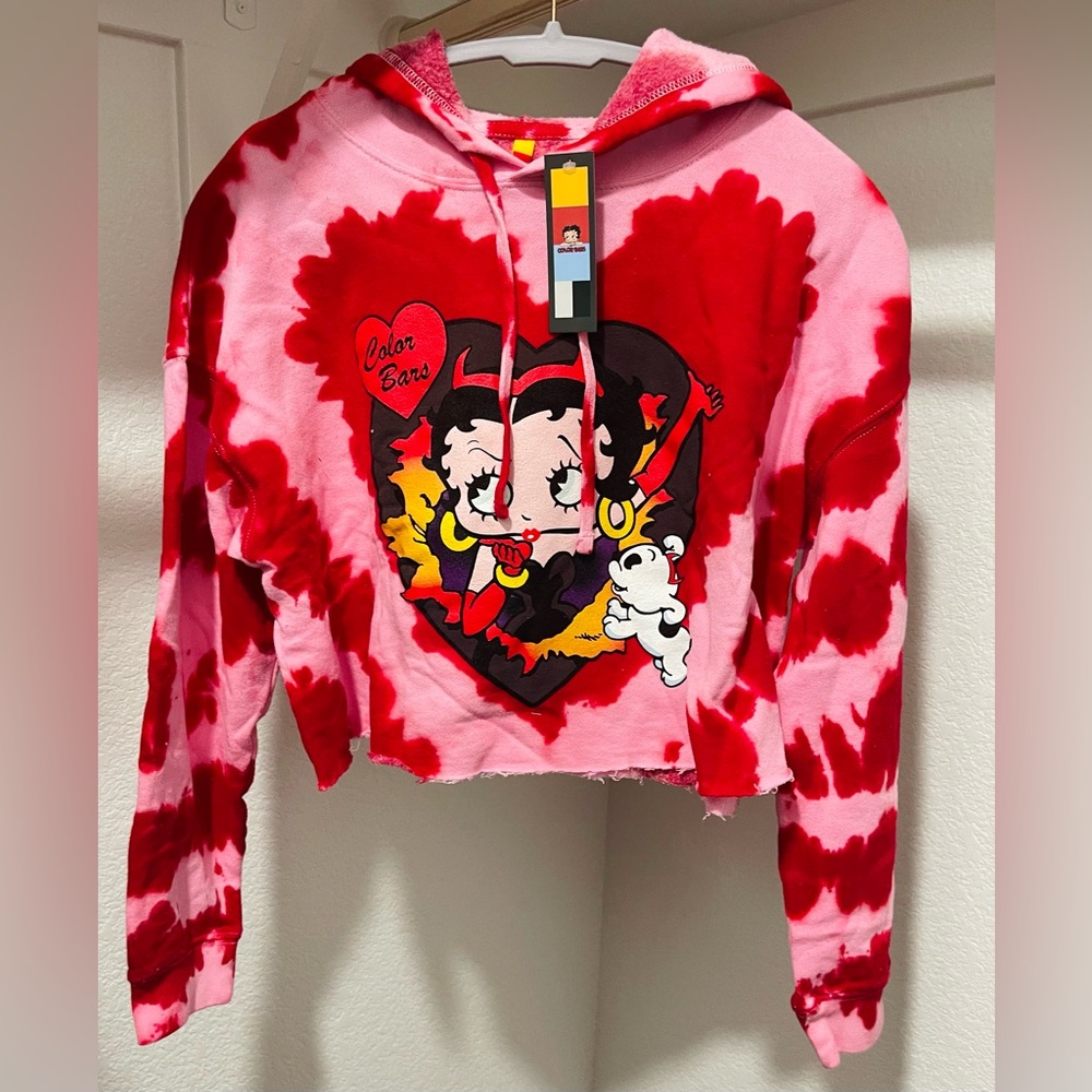 Betty Boop x Color Bars Ripper Red Heart Tie Dye Crop Hoodie